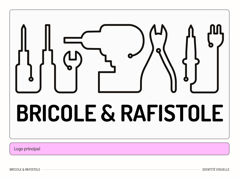 Page issue du brandboard de l'identité visuelle de Bricole & Rafistole : le logo principal, composé de l'illustration et du titre juste au-dessous. Il est sur fond blanc et au format paysage.