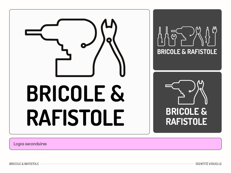 Page issue du brandboard de l'identité visuelle de Bricole & Rafistole : le logo secondaire, au format carré et les versions sur fond noir des logos.