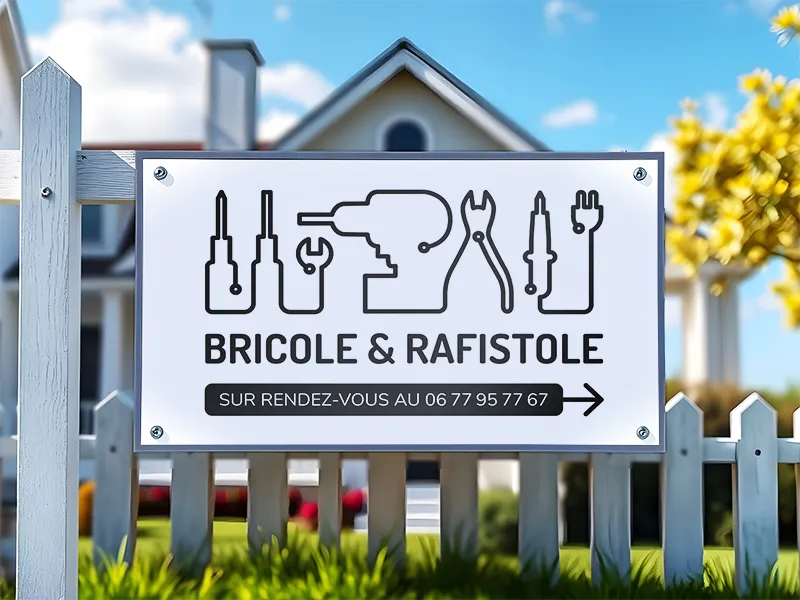 Mockup de l'enseigne de Bricole & Rafistole : le panneau est composé du logo, du numéro de téléphone et d'une flèche désignant l'entrée.