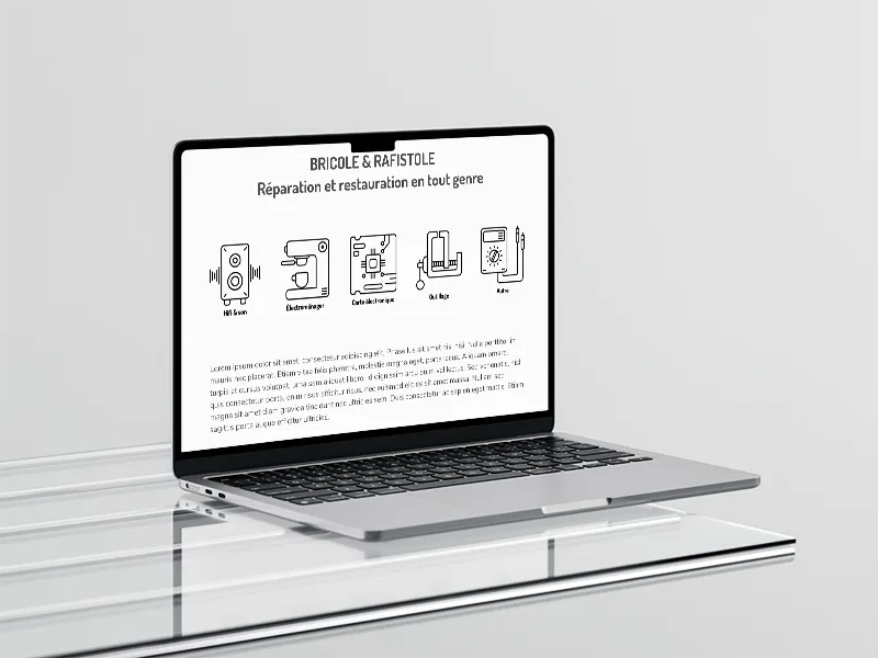 Mockup du site internet de Bricole & Rafistole : première ébauche de la maquette avec la présentation de l'entreprise.