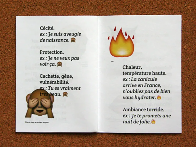 Double page du lexique sur les emojis : à droite les différentes significations d'un emoji singe se cachant les yeux et à gauche, celles de l'emoji flamme.
