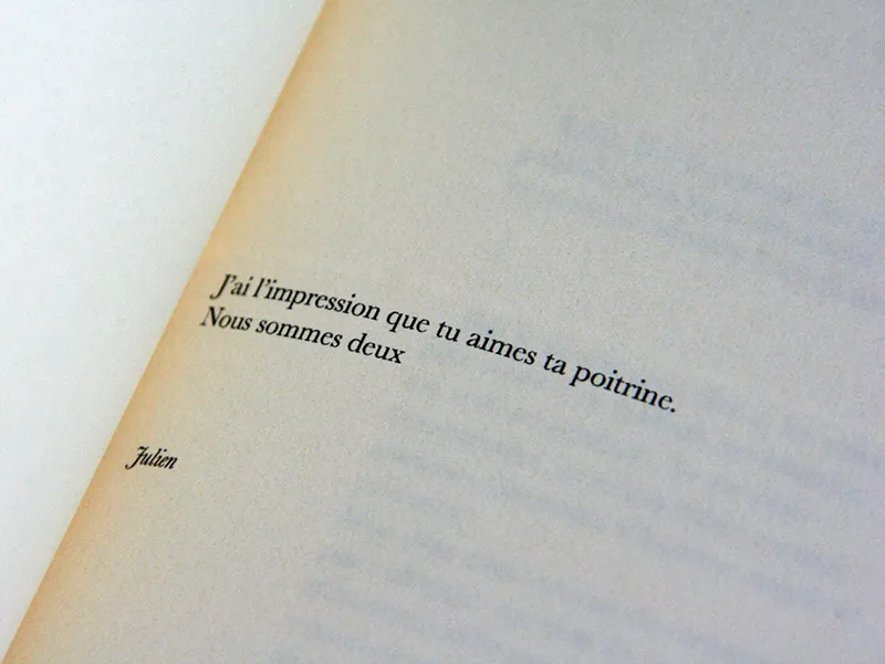 Aperçu de l'une des phrases d'accroche répertoriée dans le livre Sans filtre : "J'ai l'impression que tu aimes ta poitrine. Nous sommes deux", signé Julien.