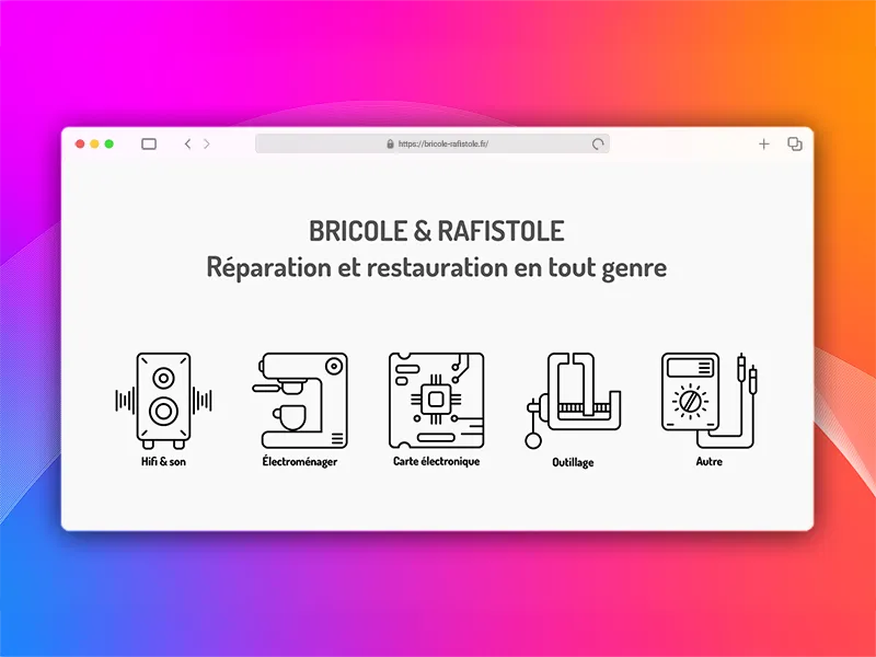 Mockup du site internet de Bricole & Rafistole : page d'accueil définitive avec le titre de la page et les différentes catégories de réparation symbolisées par des pictogrammes.