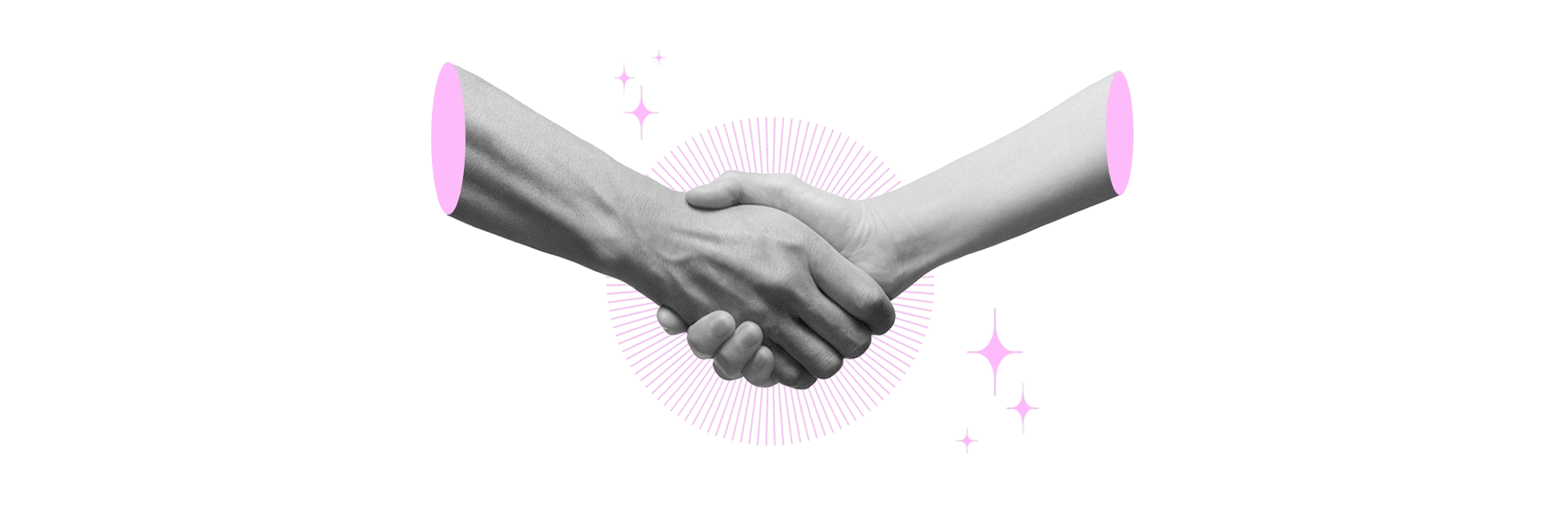 montage photo en noir et blanc de deux mains qui se joignent et se serrent, des étoiles roses et des visuels graphiques sont placés tout autour.