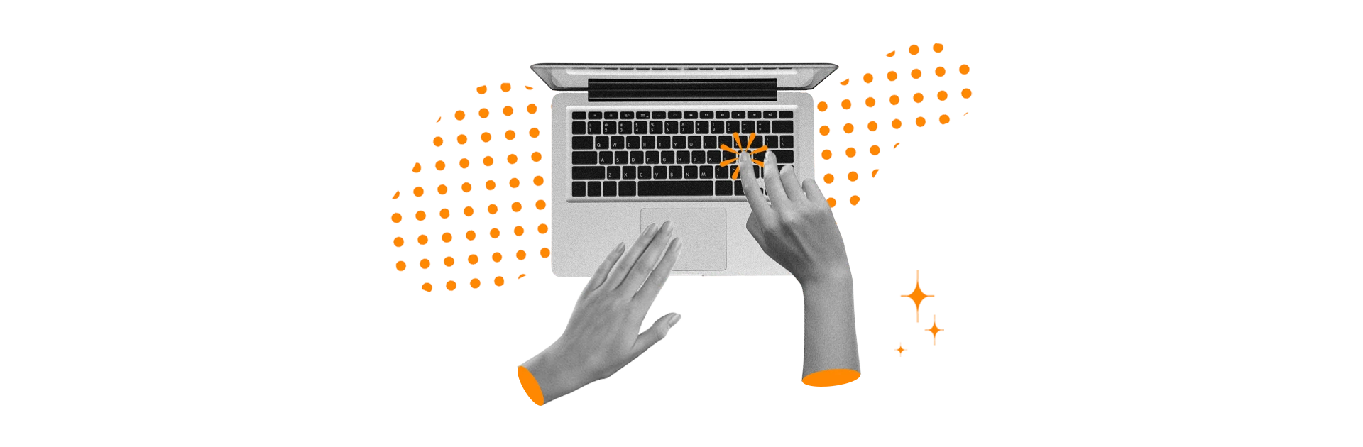 montage photo en noir et blanc de deux mains qui travaillent sur un ordinateur portable, des étoiles oranges et des visuels graphiques sont placés tout autour.