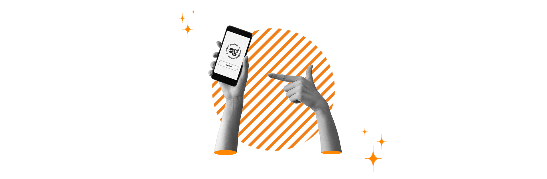 montage photo en noir et blanc de deux mains. Celle de gauche tient un téléphone portable, l'autre pointe le téléphone de l'index.