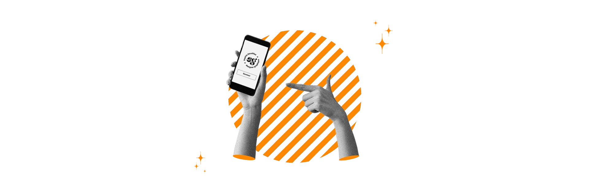 montage photo noir et blanc d'une main tenant un téléphone portable tandis qu'un autre main pointe l'index vers l'écran, invitant à prendre contact