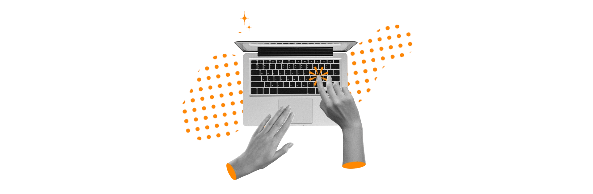 montage photo en noir et blanc de deux mains qui pianotent sur un ordinateur portable