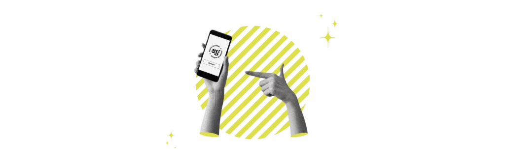 montage photo noir et blanc d'une main tenant un téléphone portable tandis qu'un autre main pointe l'index vers l'écran, invitant à prendre contact