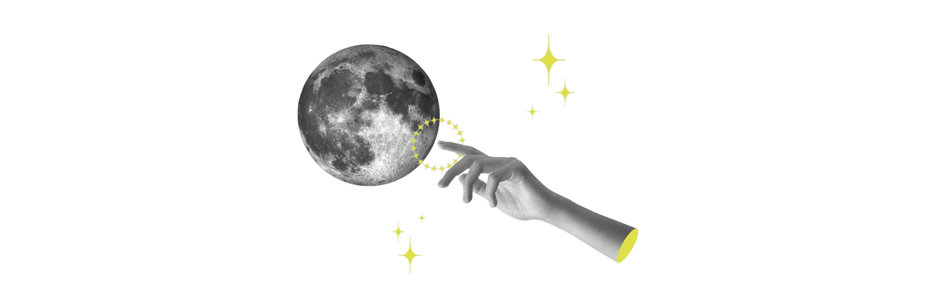 montage photo d'une main qui tend l'index vers la lune, afin de la toucher